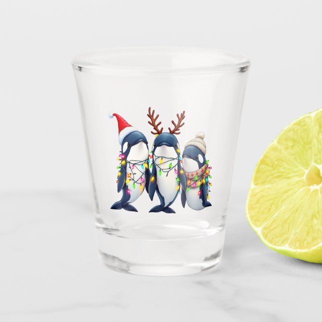 Three Whales Wearing Christmas Santa Hat  Shot Glass (Front)