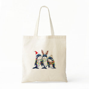 Three Whales Wearing Christmas Santa Hat  Tote Bag
