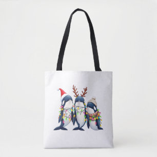 Three Whales Wearing Christmas Santa Hat Tote Bag