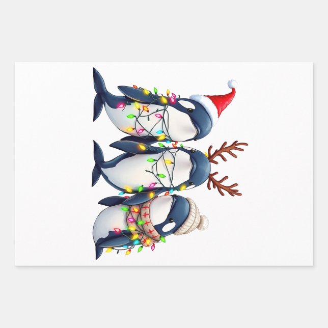 Three Whales Wearing Christmas Santa Hat  Wrapping Paper Sheets (Front)
