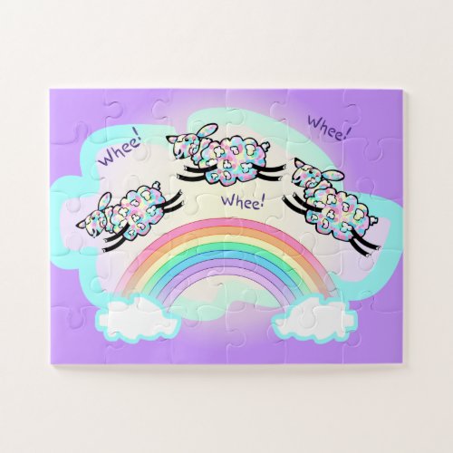 Three Whee Sheep Jumping a Rainbow Cute Animal Art Jigsaw Puzzle