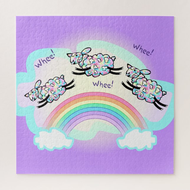Three Whee Sheep Jumping a Rainbow Cute Animal Art Jigsaw Puzzle (Vertical)