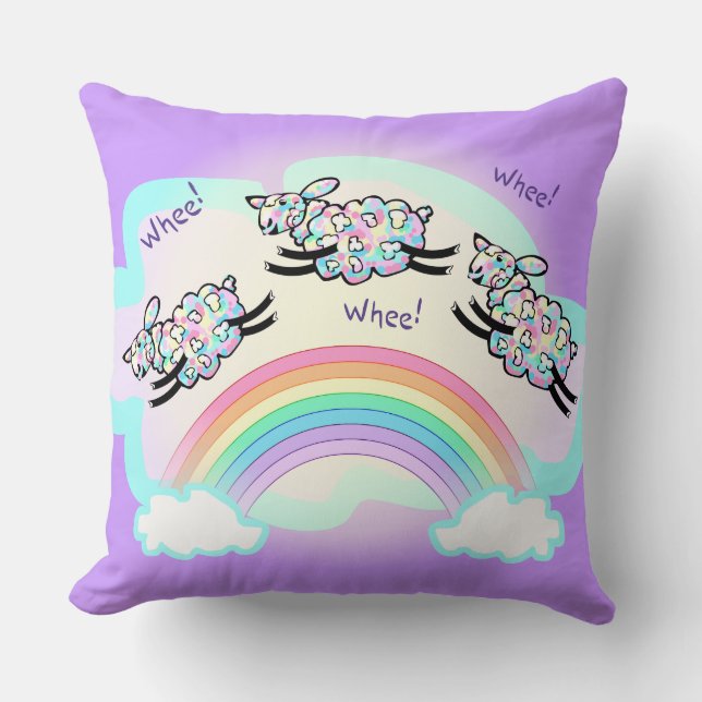 Three Whee Sheep Jumping a Rainbow Cute Lambs Art Throw Pillow (Front)