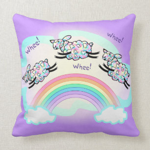 Three Whee Sheep Jumping a Rainbow Cute Lambs Art Throw Pillow