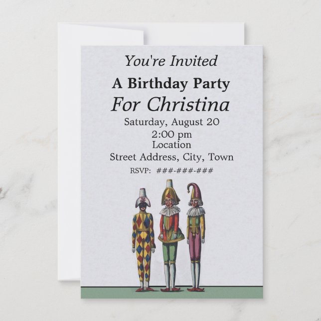 Three Whimsical Birthday Colorful Jester Dolls Invitation (Front)