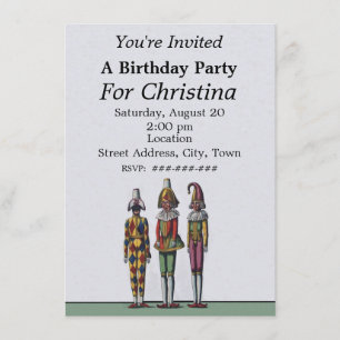 Three Whimsical Birthday Colorful Jester Dolls Invitation