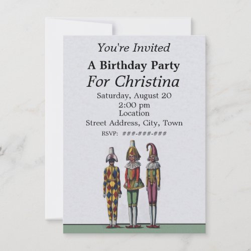 Three Whimsical Birthday Colorful Jester Dolls Invitation