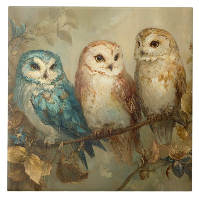 Three Whimsical Owls on a Branch Ceramic Tile (Front)