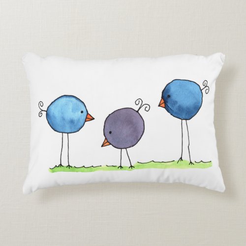 Three Whimsical Watercolor Birds Accent Pillow