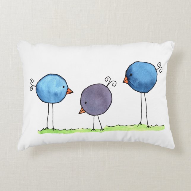 Three Whimsical Watercolor Birds Accent Pillow (Front)