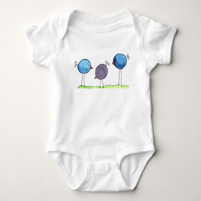 Three Whimsical Watercolor Birds Baby Bodysuit (Front)