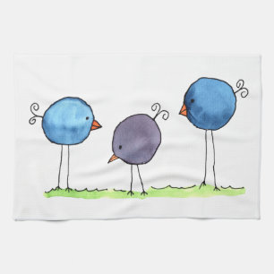 Three Whimsical Watercolor Birds Kitchen Towel