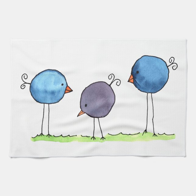 Three Whimsical Watercolor Birds Kitchen Towel (Horizontal)