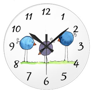 Three Whimsical Watercolor Birds Large Clock