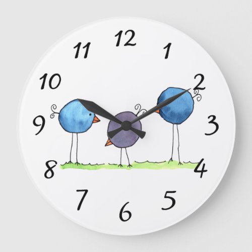 Three Whimsical Watercolor Birds Large Clock