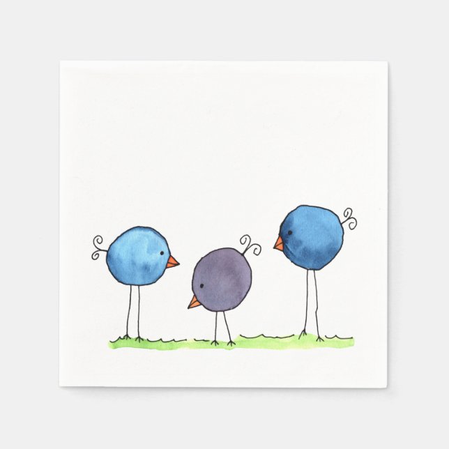 Three Whimsical Watercolor Birds Napkins (Front)
