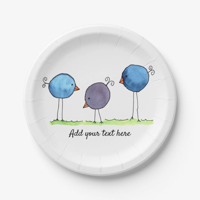 Three Whimsical Watercolor Birds Paper Plates (Front)