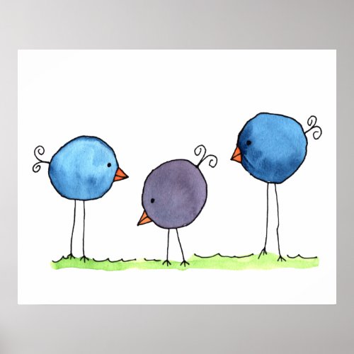 Three Whimsical Watercolor Birds Poster