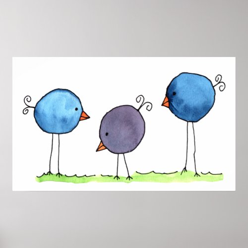 Three Whimsical Watercolor Birds Poster