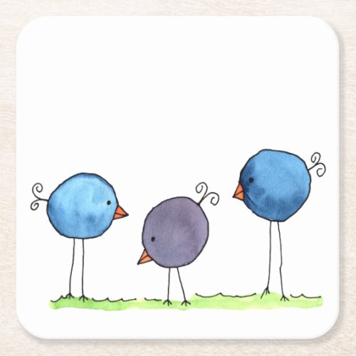 Three Whimsical Watercolor Birds Square Paper Coaster