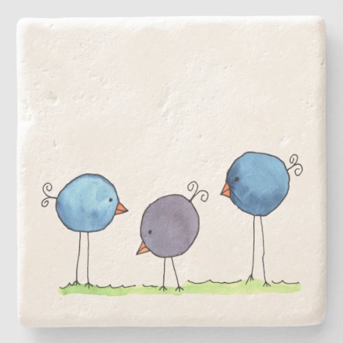 Three Whimsical Watercolor Birds Stone Coaster