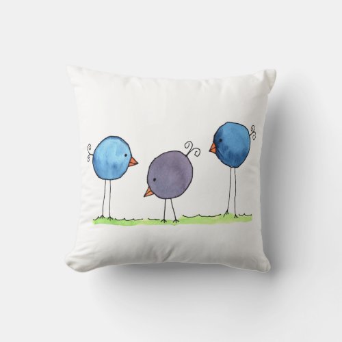 Three Whimsical Watercolor Birds Throw Pillow