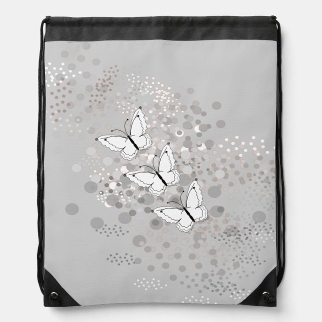 Three White Butterflies Drawstring Bag (Front)