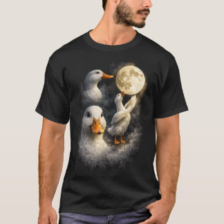 Three White Ducks Under the Full Moon Wildlife Art T-Shirt