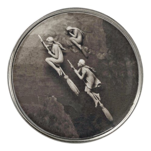 Three White Faux Relief Witches Flying on Brooms  Golf Ball Marker