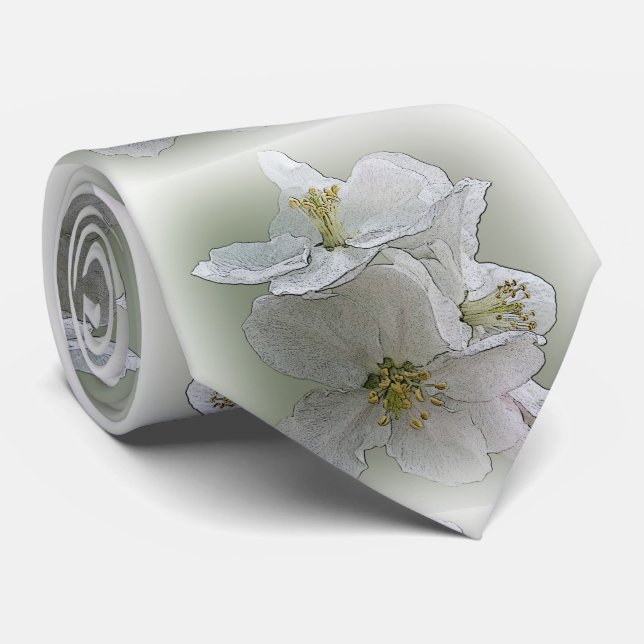 three white flowers neck tie (Rolled)