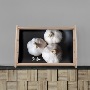 Three White Garlic Cloves Dramatic Black Serving Tray