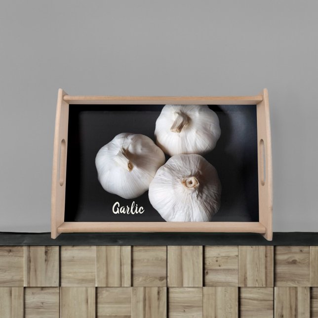 Three White Garlic Cloves Dramatic Black Serving Tray (Creator Uploaded)