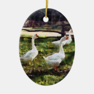 Three White Geese Ceramic Ornament