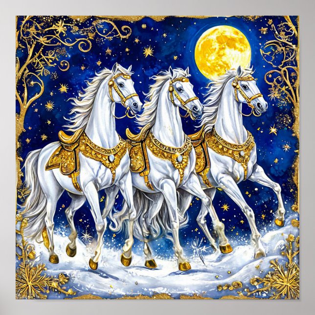 Three White Horses Under Starry Night Sky 🐎✨🌌⭐🌙 Poster (Front)