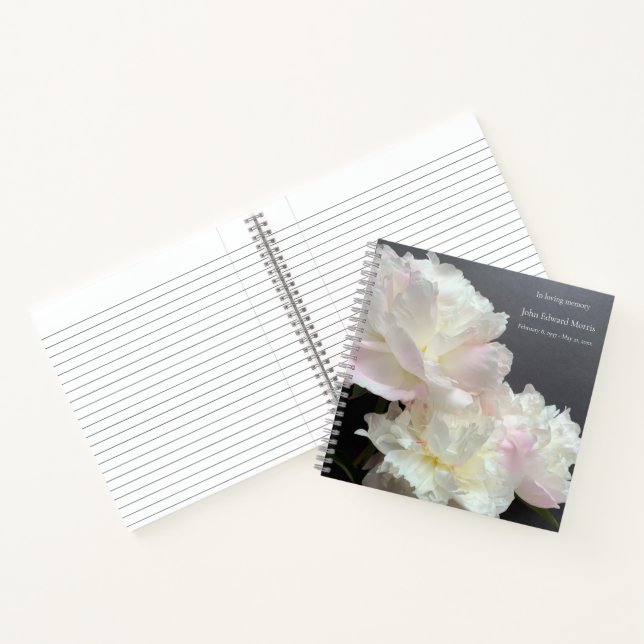 Three white peonies on dark gray memorial notebook (Inside)