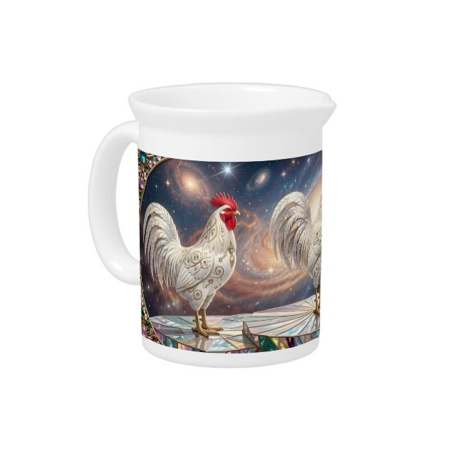 Three white roosters. beverage pitcher (Left)