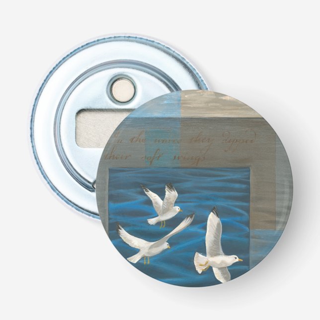 Three White Seagulls Flying Over the Water Bottle Opener (Front)