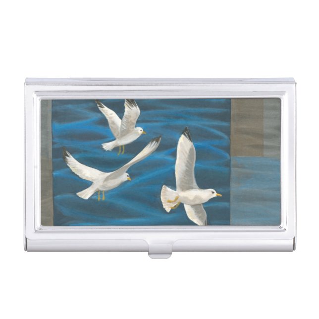 Three White Seagulls Flying Over the Water Case For Business Cards (Front)
