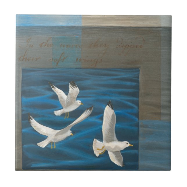 Three White Seagulls Flying Over the Water Ceramic Tile (Front)