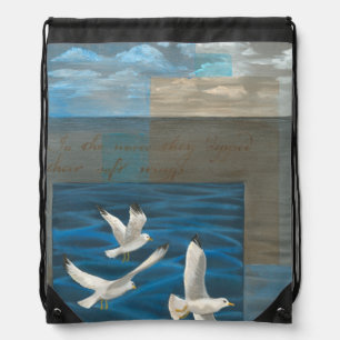 Three White Seagulls Flying Over the Water Drawstring Bag