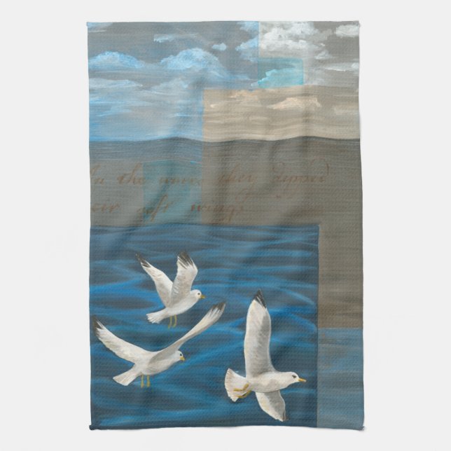 Three White Seagulls Flying Over the Water Kitchen Towel (Vertical)