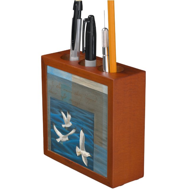 Three White Seagulls Flying Over the Water Pencil Holder (In Situ)