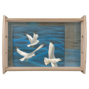 Three White Seagulls Flying Over the Water Serving Tray