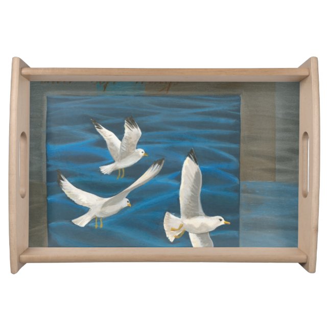 Three White Seagulls Flying Over the Water Serving Tray (Front)