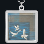 Three White Seagulls Flying Over the Water Silver Plated Necklace<br><div class="desc">Need to get away? Do it by choosing this painting by artist Tara Friel representing three seagulls flying over the water. The sight of the waves of the ocean and the vivid colors make this design very realistic.</div>