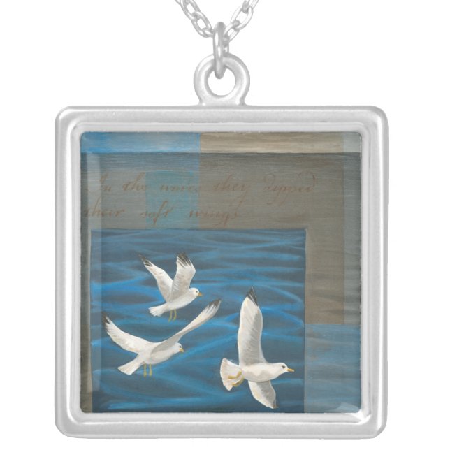 Three White Seagulls Flying Over the Water Silver Plated Necklace (Front)