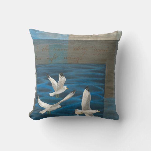 Three White Seagulls Flying Over the Water Throw Pillow (Front)
