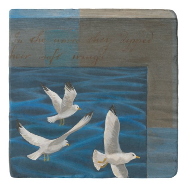 Three White Seagulls Flying Over the Water Trivet (Front)