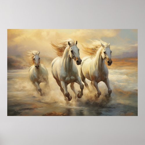 Three White Wild Horses Watercolor Art Poster