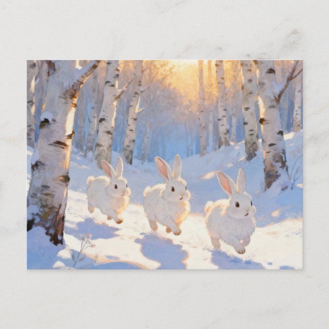 Three White Winter Rabbits  Postcard (Front)
